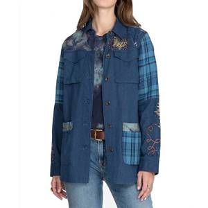 NEW JOHNNY WAS moonlight tie dye patchwork military jacket in denim blue